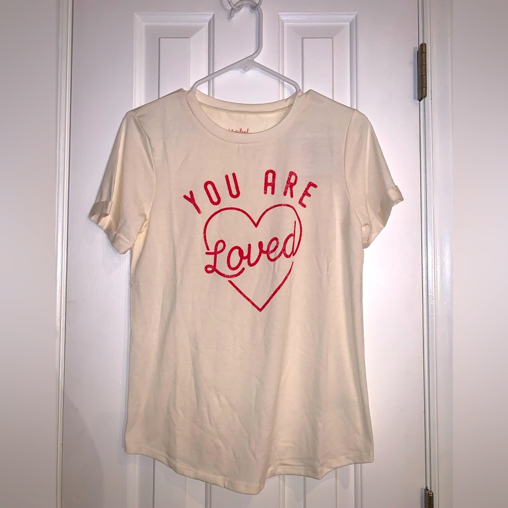 Isabel Maternity cream So Soft cuffed tee shirt with You Are Loved in a Heart